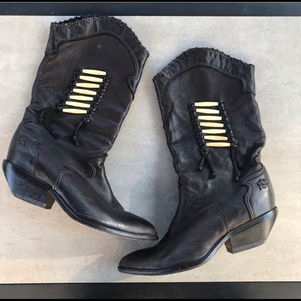 VINTAGE Zodiac Black Leather Cowboy Boots